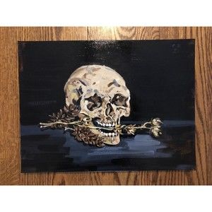 Human Skull and Pinecones Acrylic Painting on‎ Canvas Original Painting 12x16